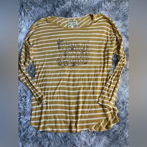 Soulflower Mustard Yellow & White Striped “Be Brave Be Kind” Long Sleeve Top XL